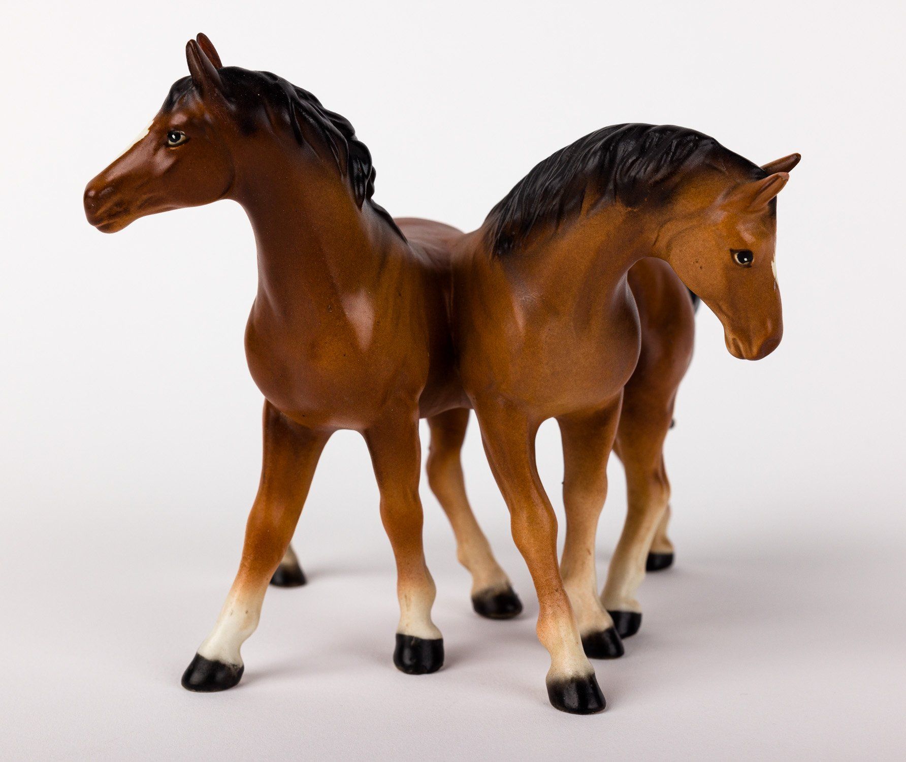Two brown horses standing next to each other on a white surface