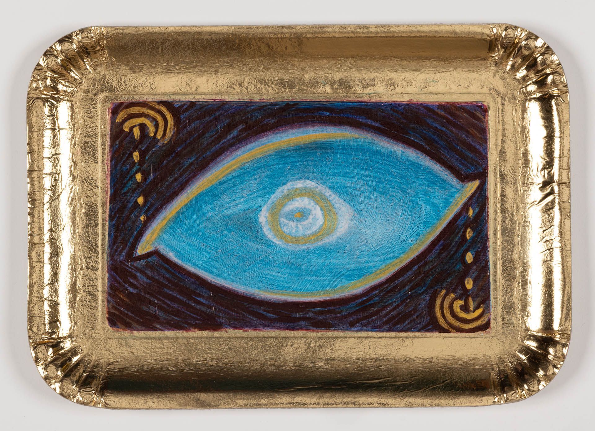 Painting of a woman with five eyes blending with an image of a ballroom.