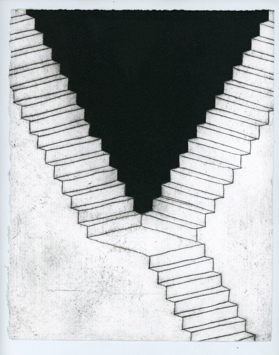 A black and white drawing of a set of stairs