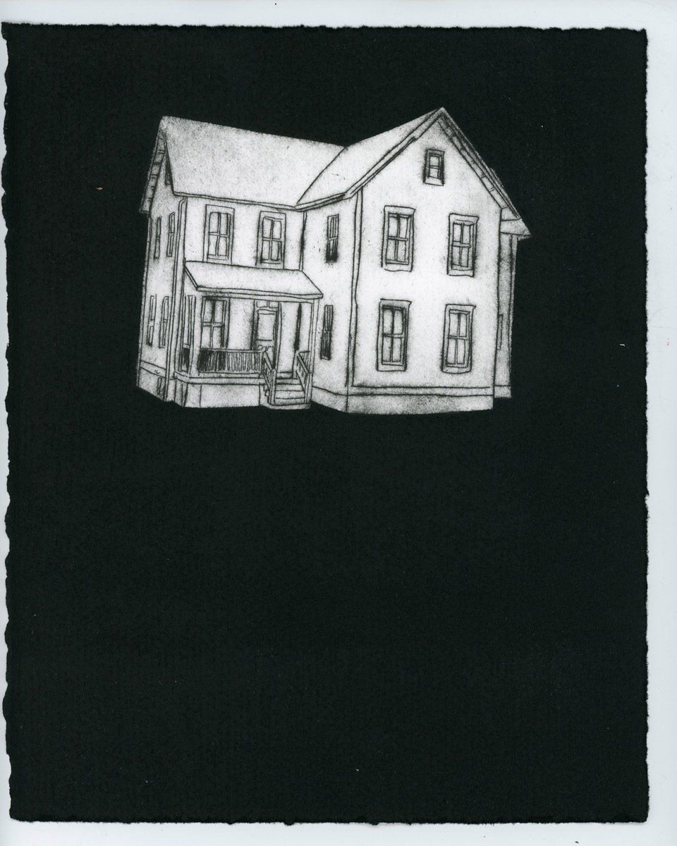 A black and white drawing of a house on a black background