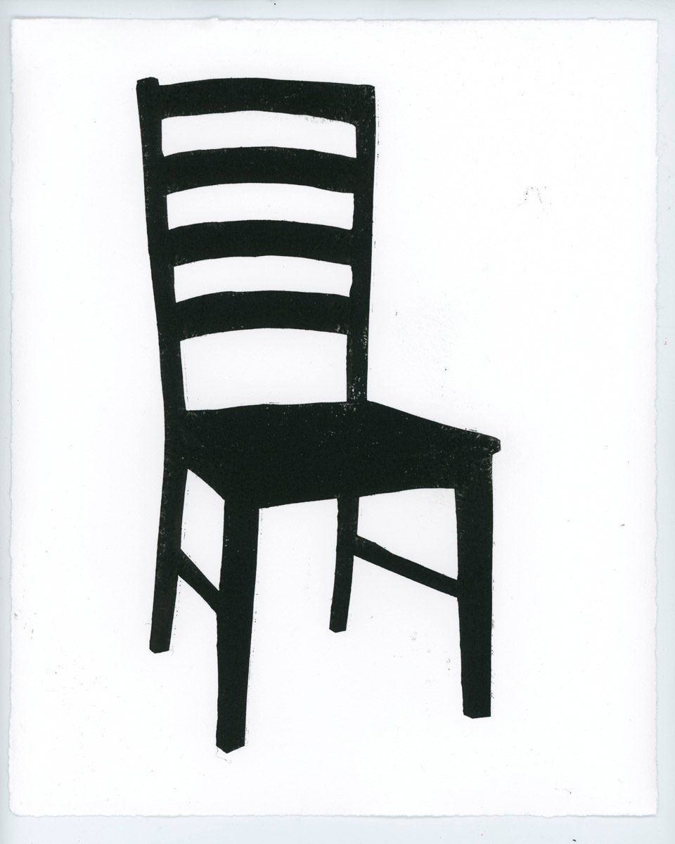 A black and white drawing of a chair on a white background