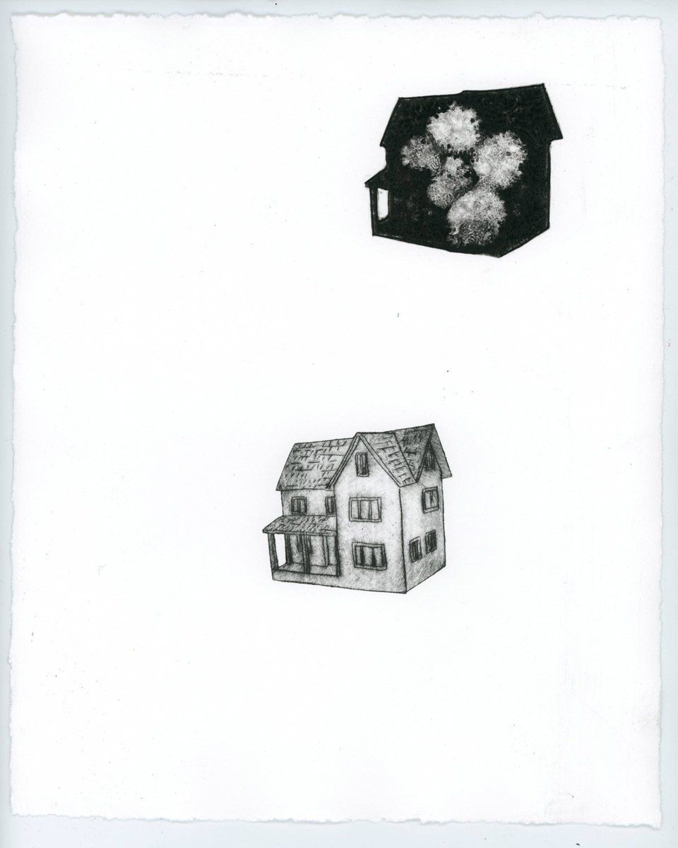 A black and white drawing of a house and flowers