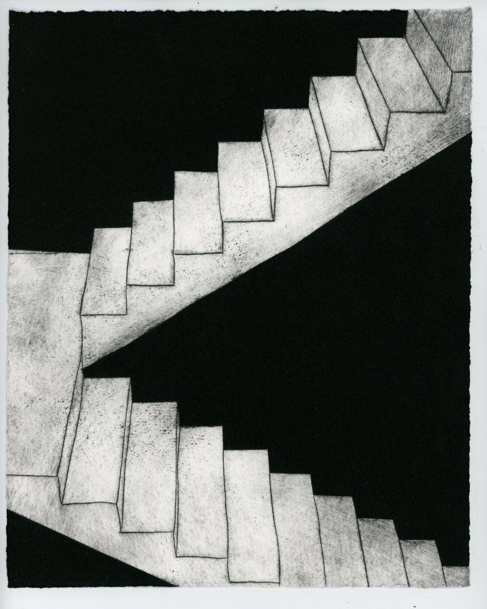 A black and white drawing of a set of stairs