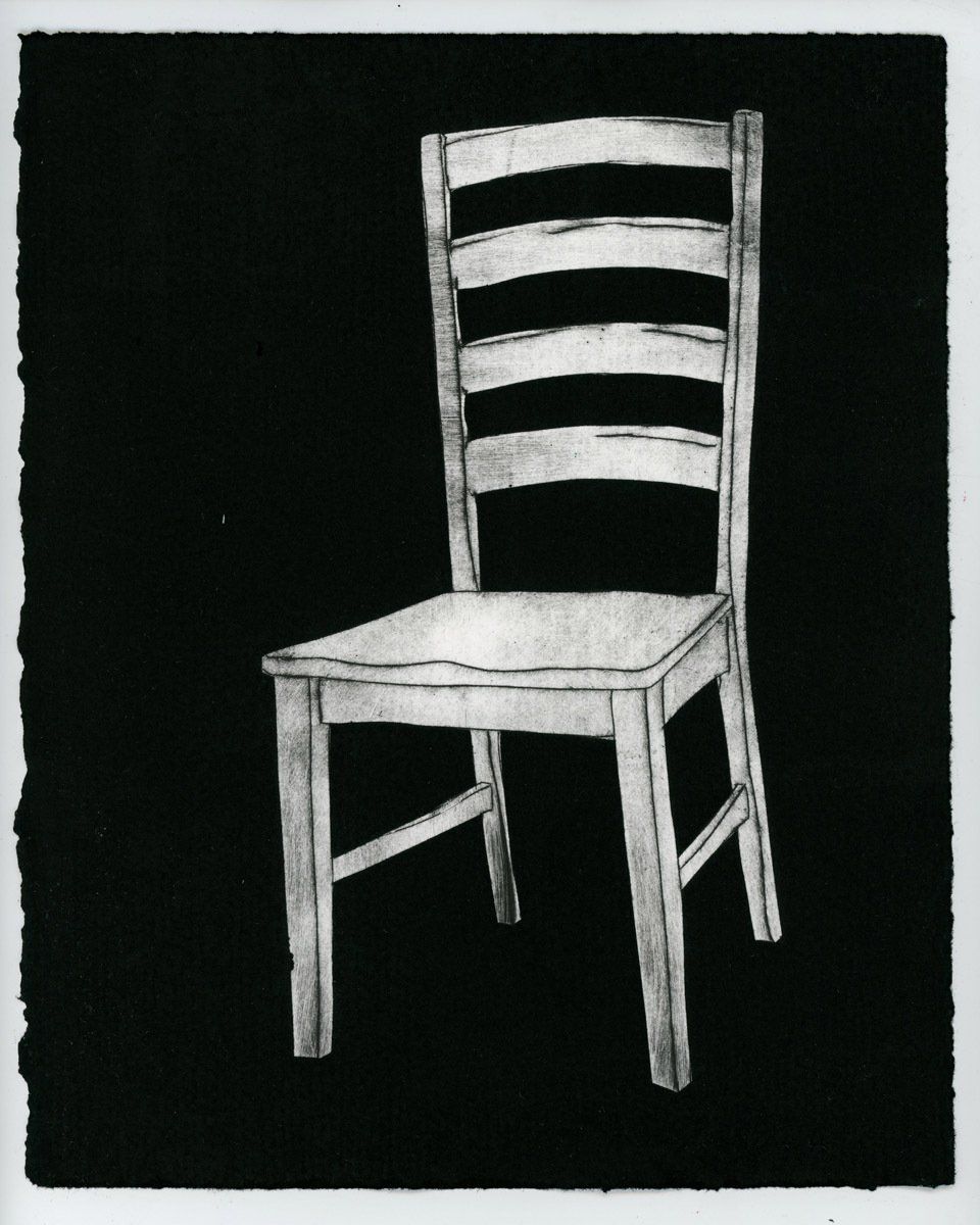 A black and white drawing of a chair on a black background