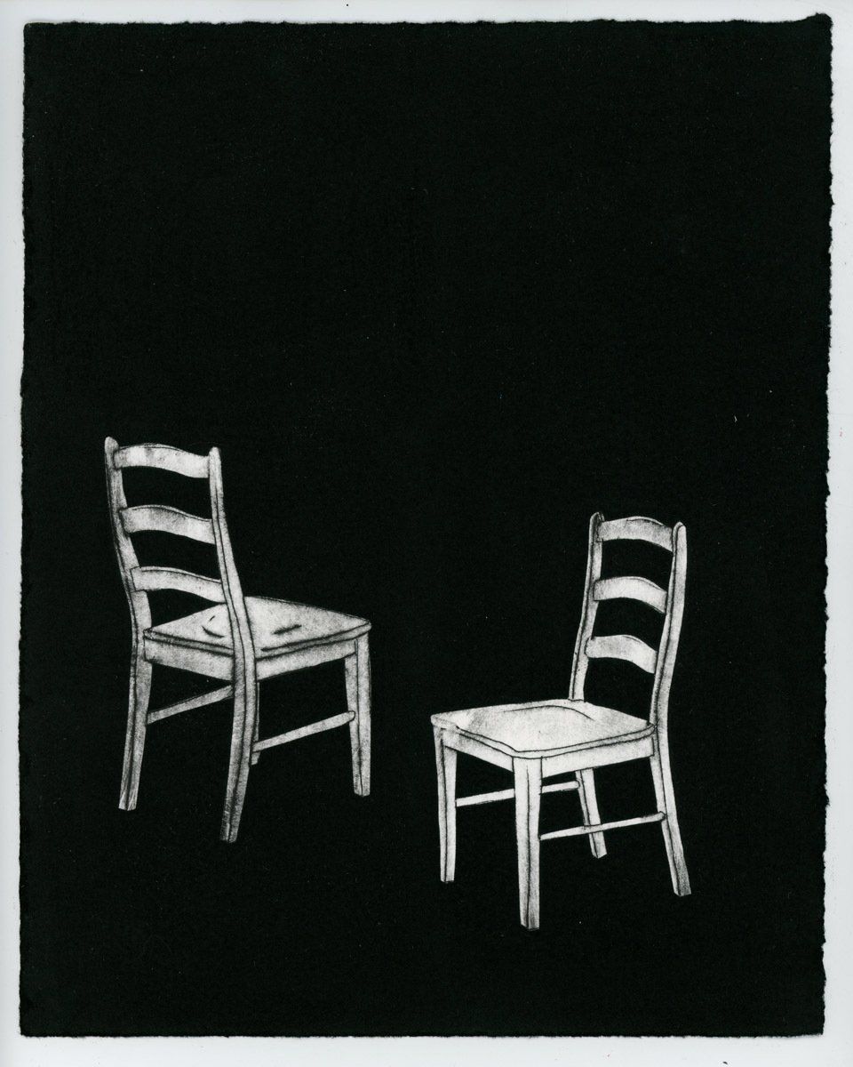 A black and white drawing of two chairs on a black background