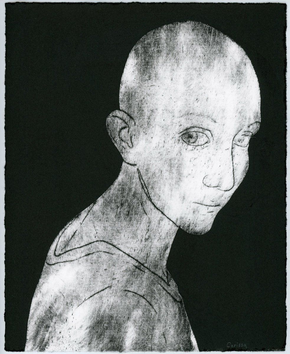 A black and white drawing of a man with a shaved head