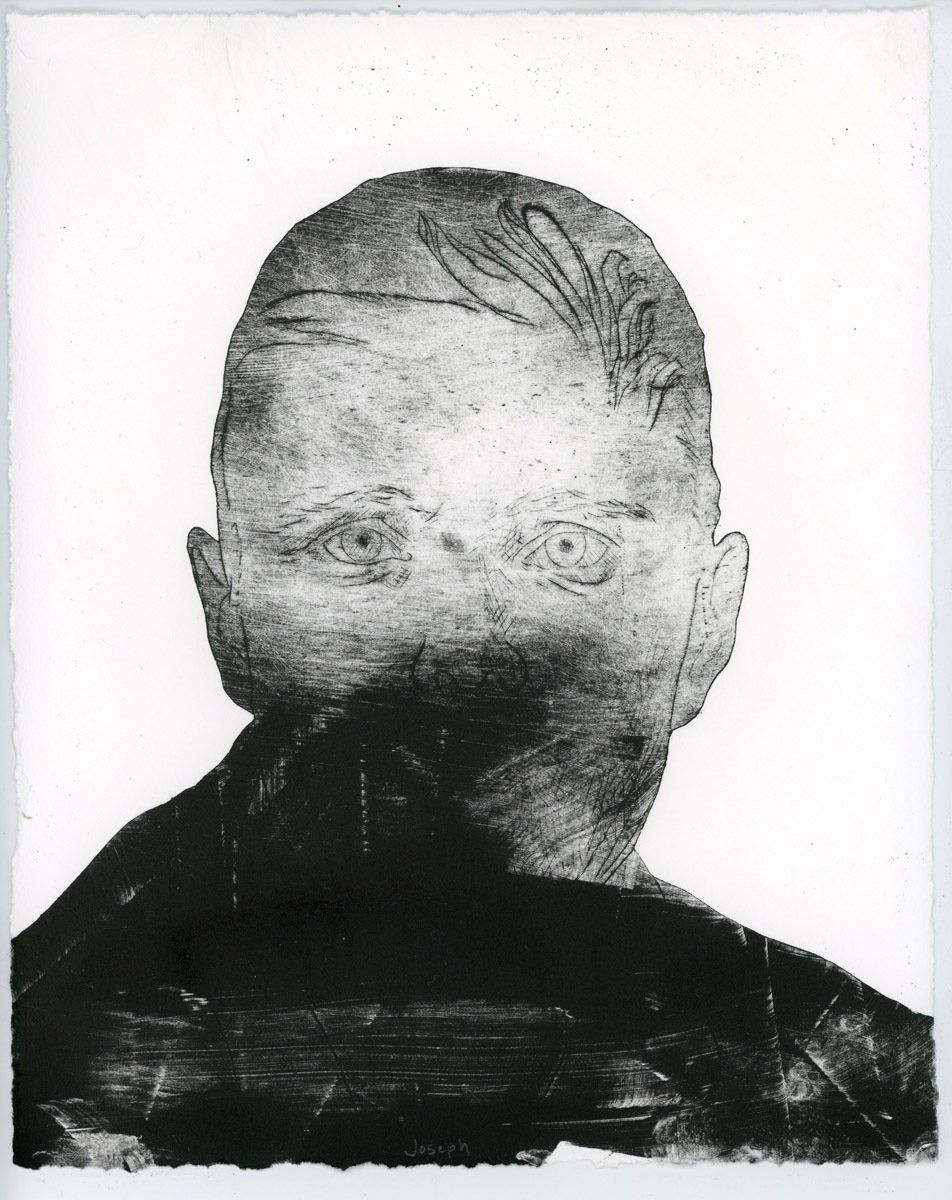 A black and white drawing of a man 's head