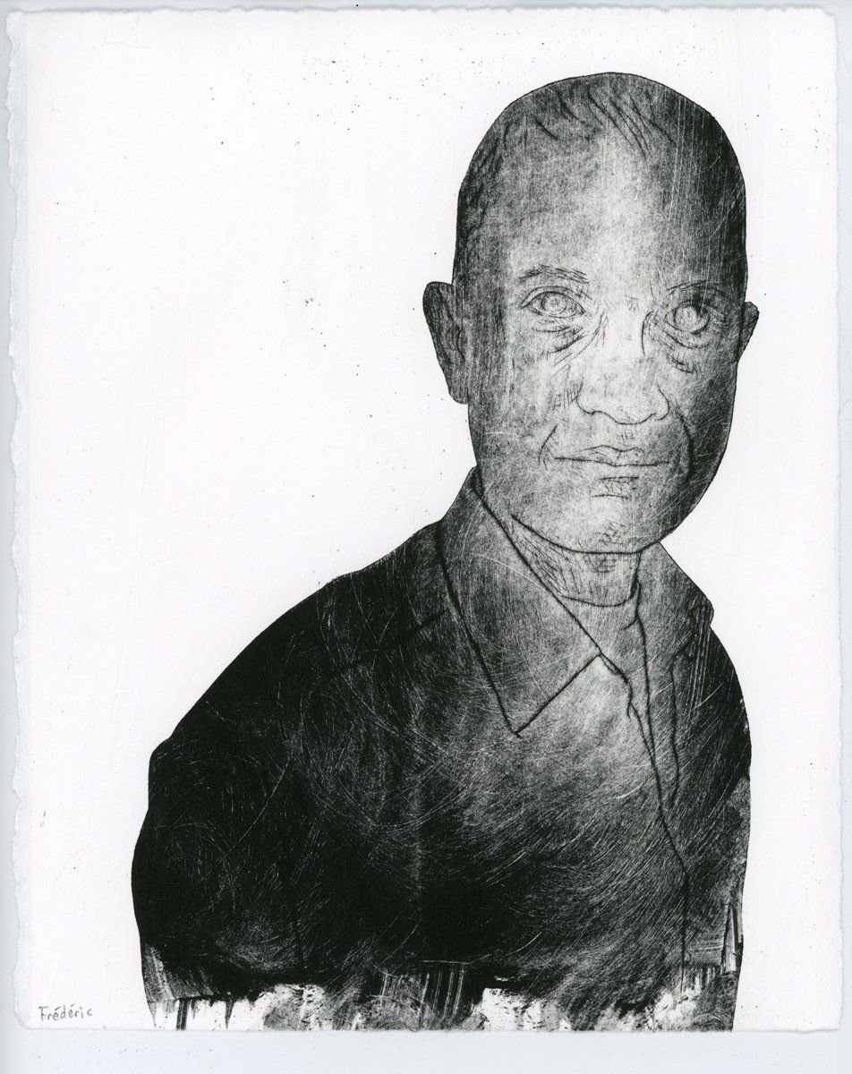 A black and white drawing of a man in a suit