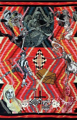 A painting of a group of people on a red and black background.