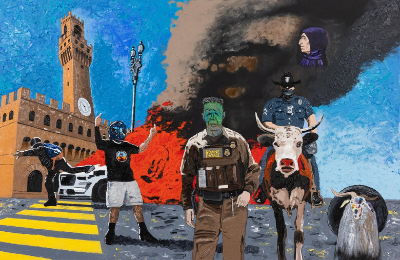 Painting of a woman with five eyes blending with an image of a ballroom.