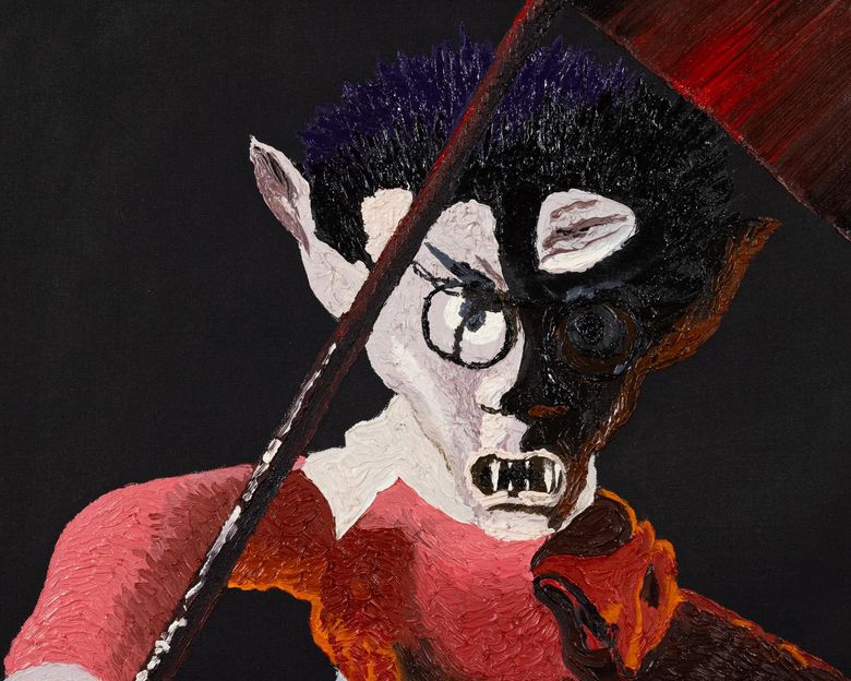 A double exposed photograph of a mushroom cloud from a bomb exploding in a city and rolling green mountains.