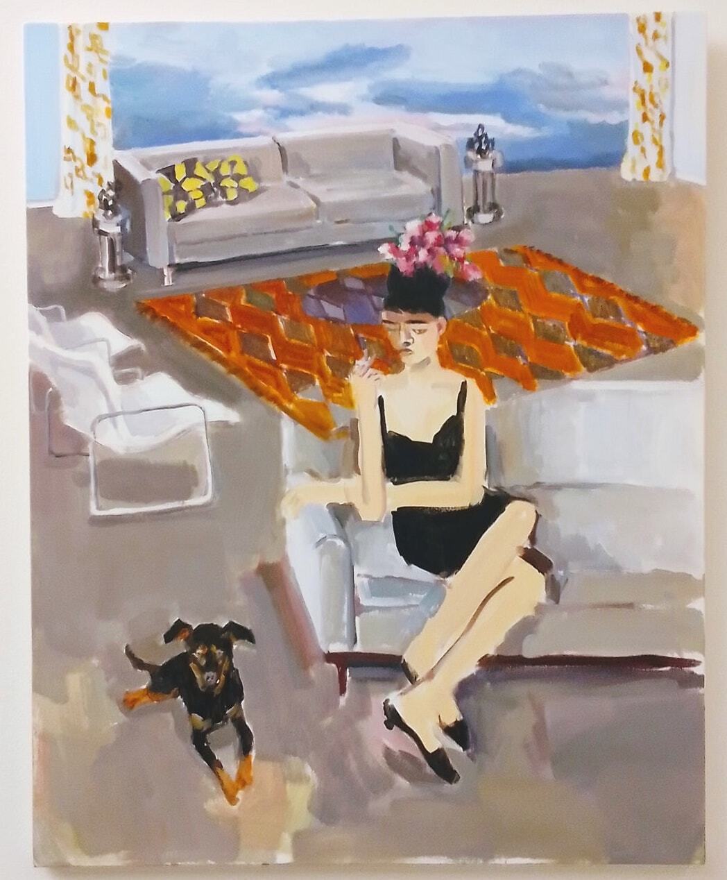 A painting of a woman sitting on a couch with a dog