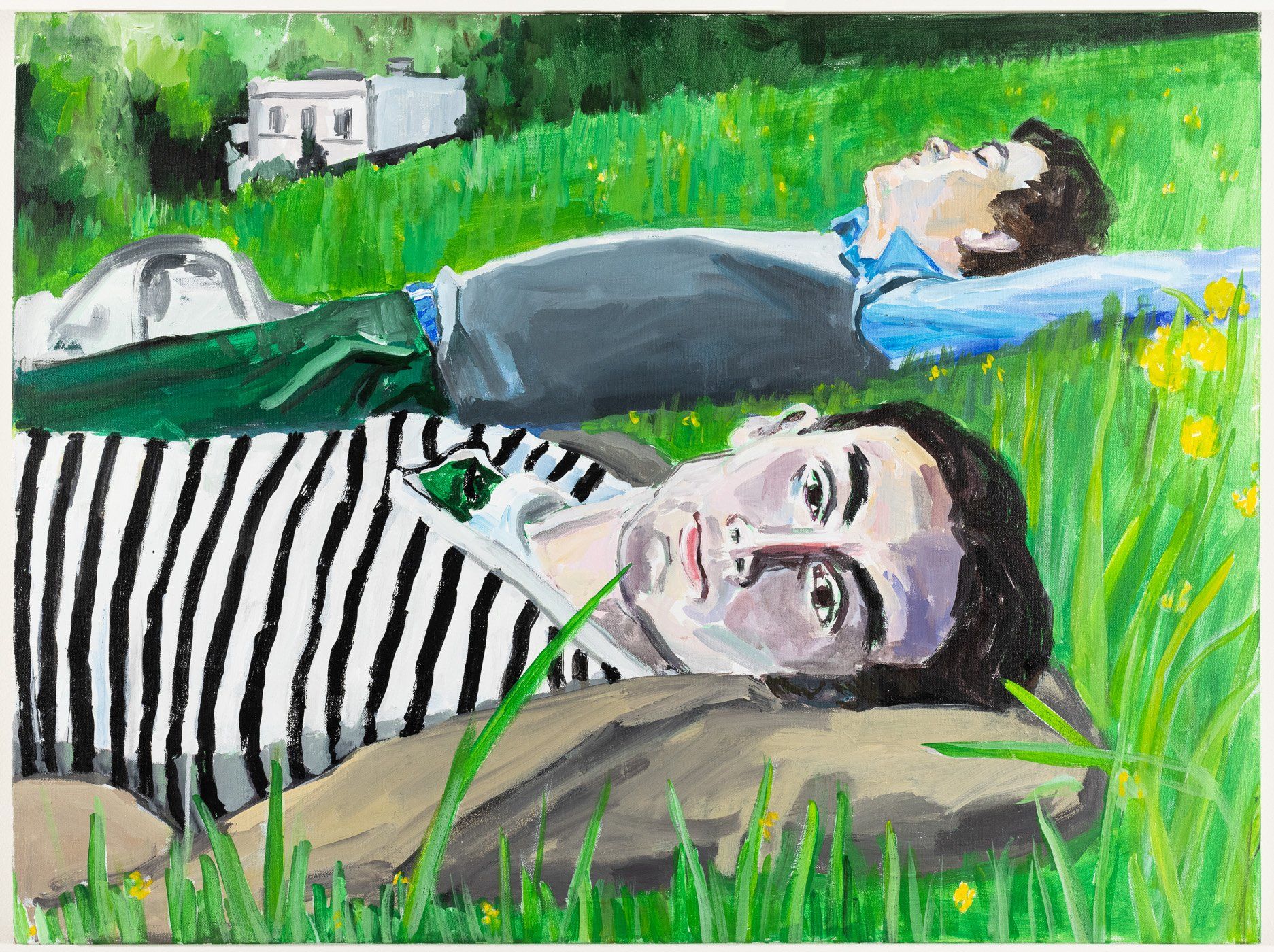 A painting of two men laying in the grass.