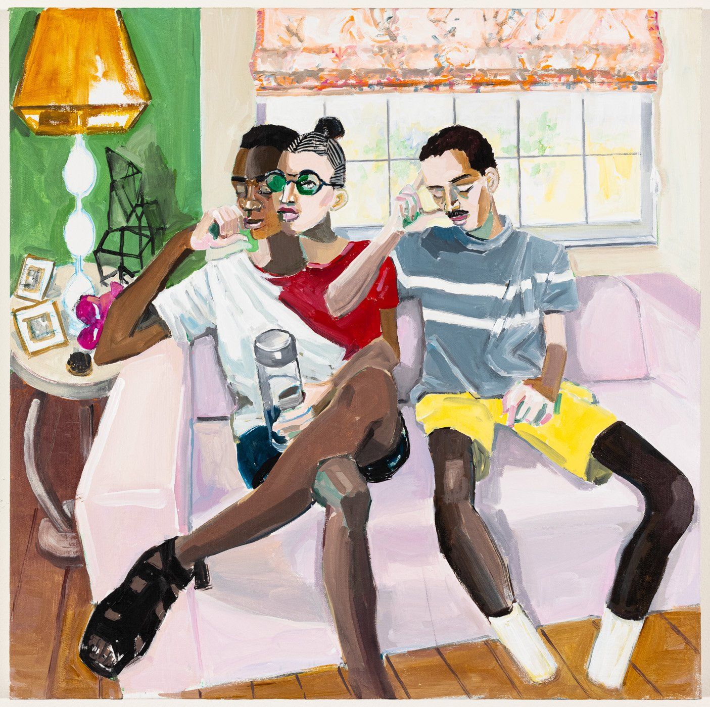 A painting of three people sitting on a couch