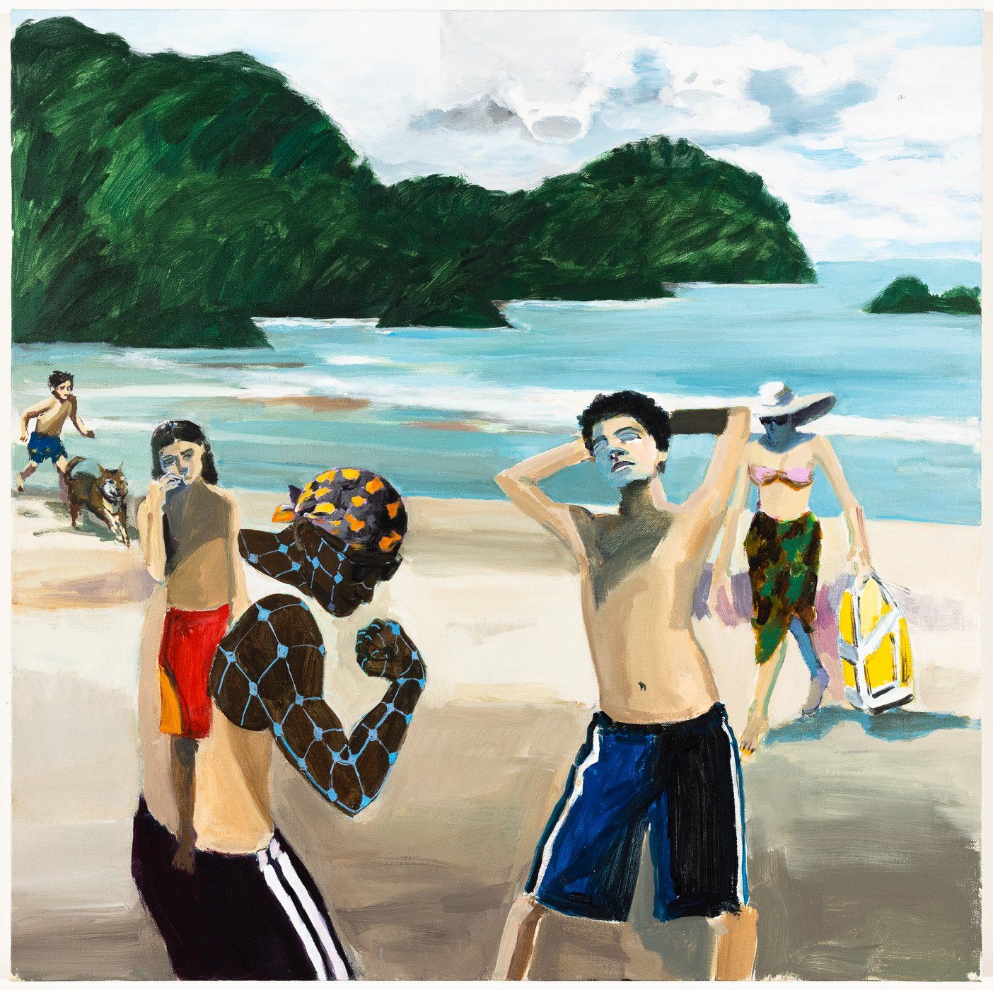 A painting of a group of people on a beach
