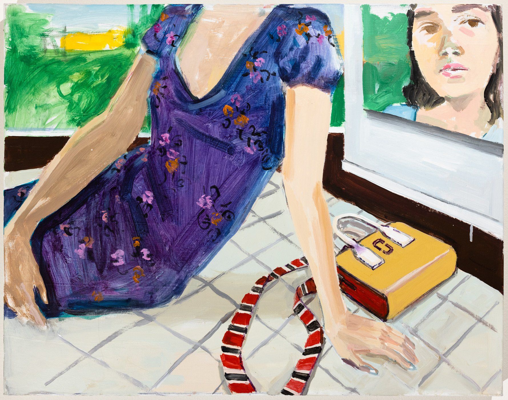 A painting of a woman in a purple dress sitting on the floor