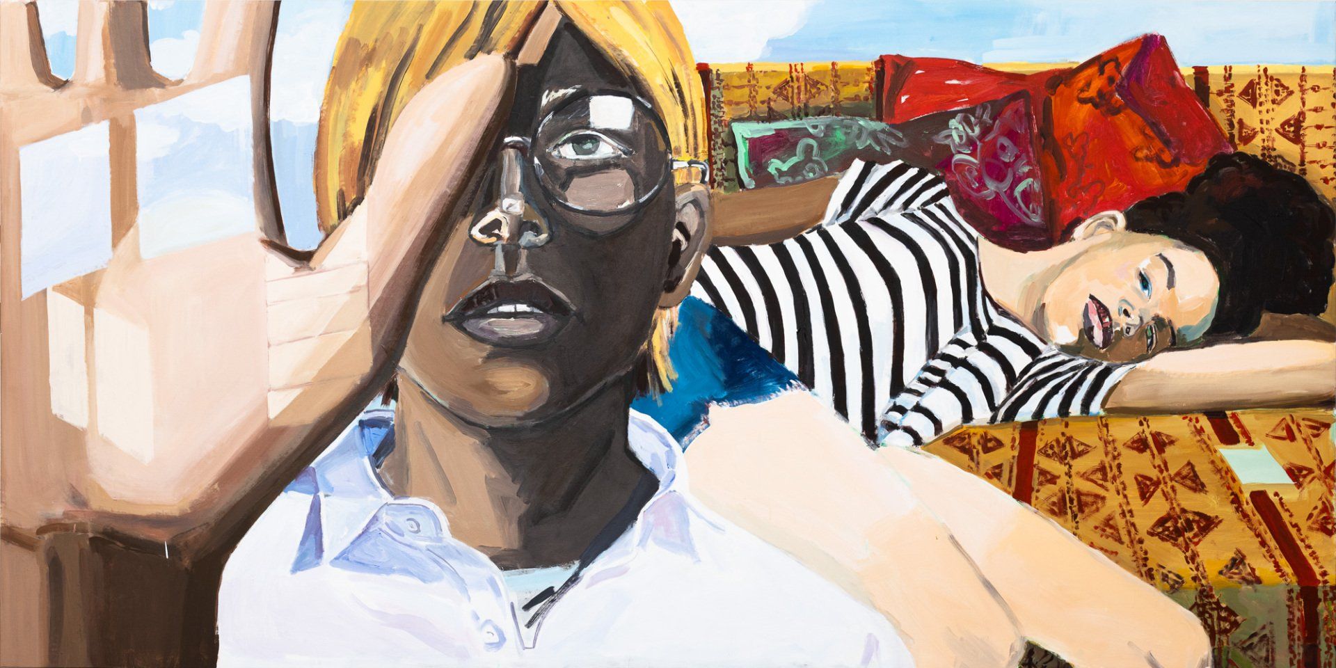 A painting of a man making a stop sign next to a woman laying on a couch.