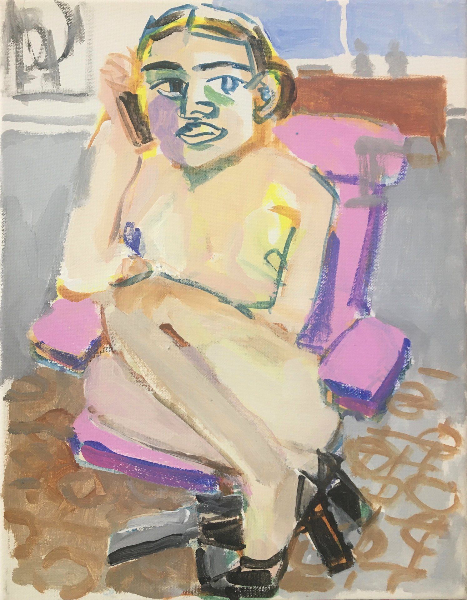 A painting of a woman sitting in a chair talking on a cell phone.