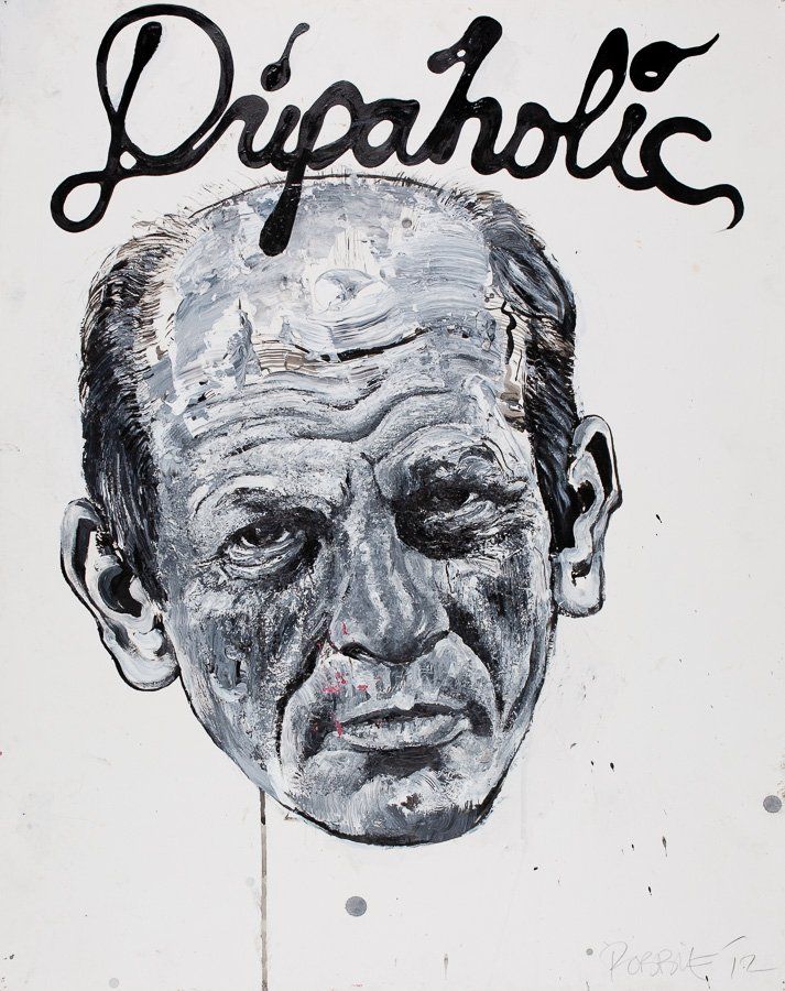 A painting of a man 's face with the word dripaholic on it