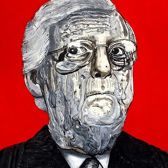 A painting of a man with glasses and a beard on a red background.