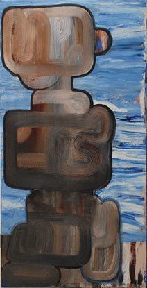 A painting of a totem pole with a blue sky in the background.