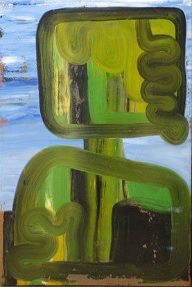 A painting of a green and yellow object on a blue background.