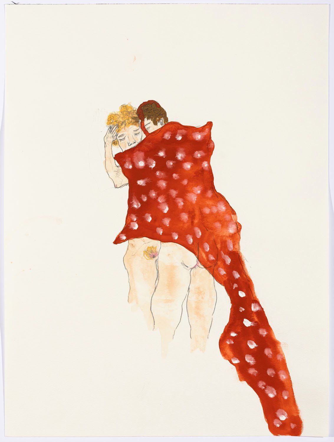 A painting of a man and woman wrapped in a red blanket