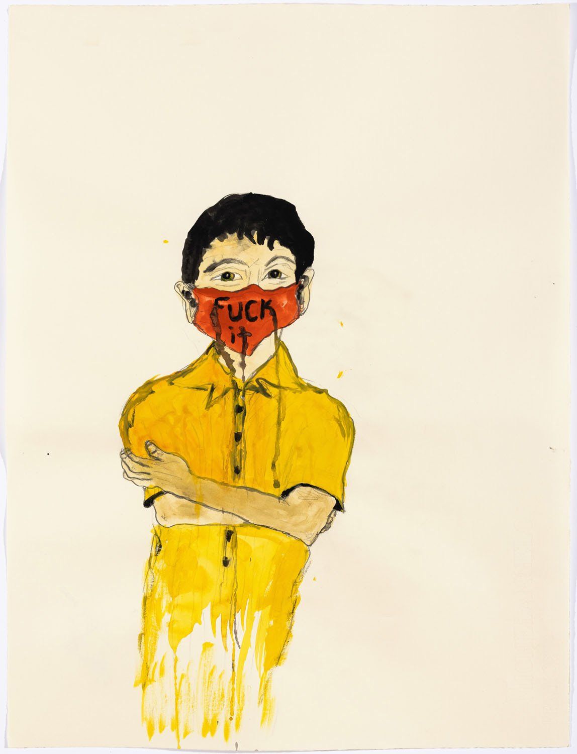 A person wearing a yellow collared shirt wearing an orange mask that says