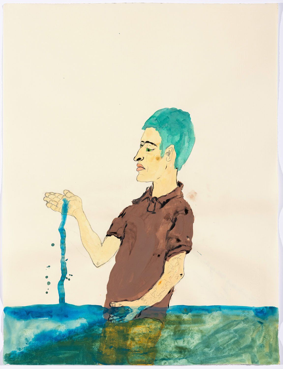 A painting of a man standing in the water holding something in his hand.