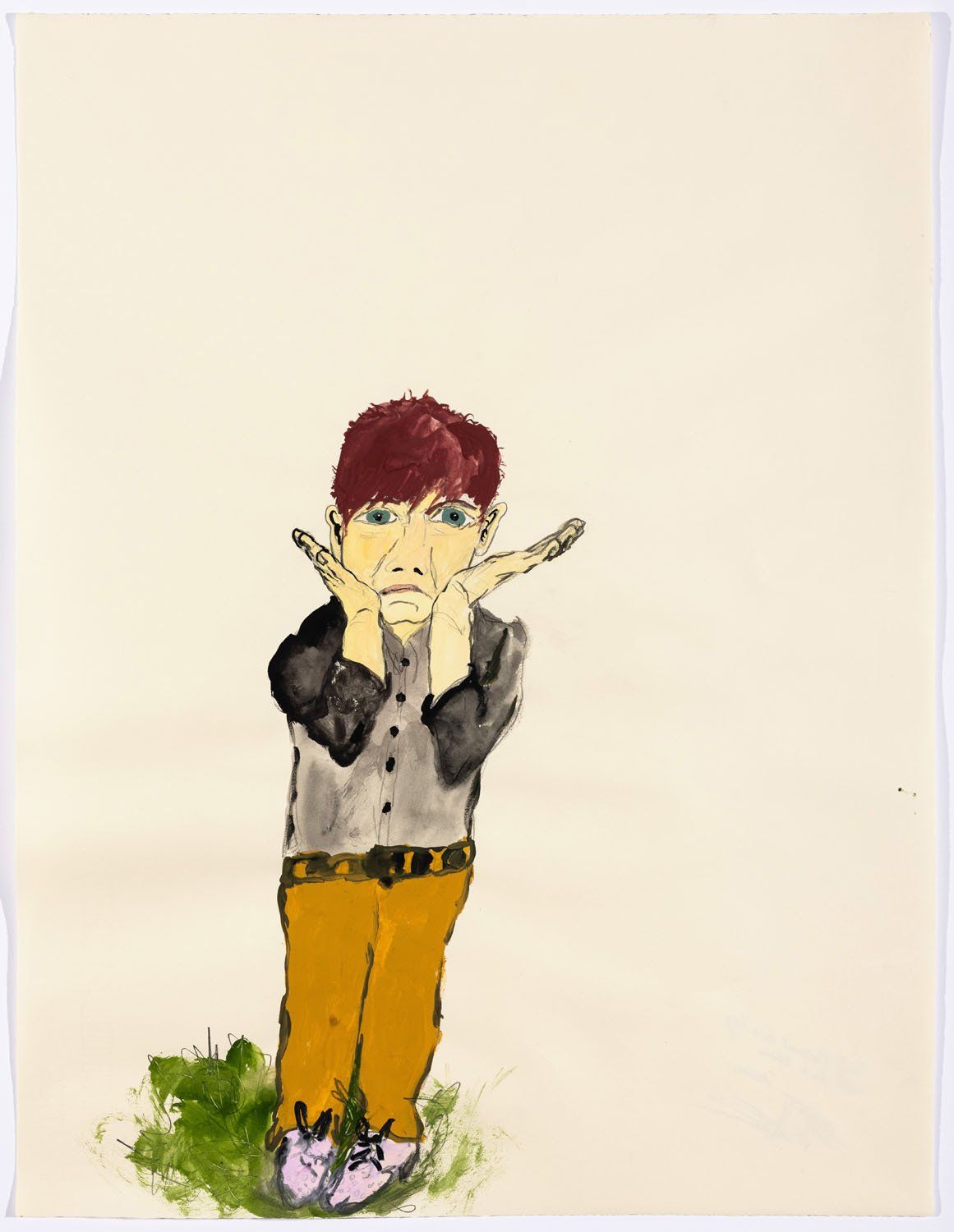 A drawing of a boy with red hair covering his face with his hands
