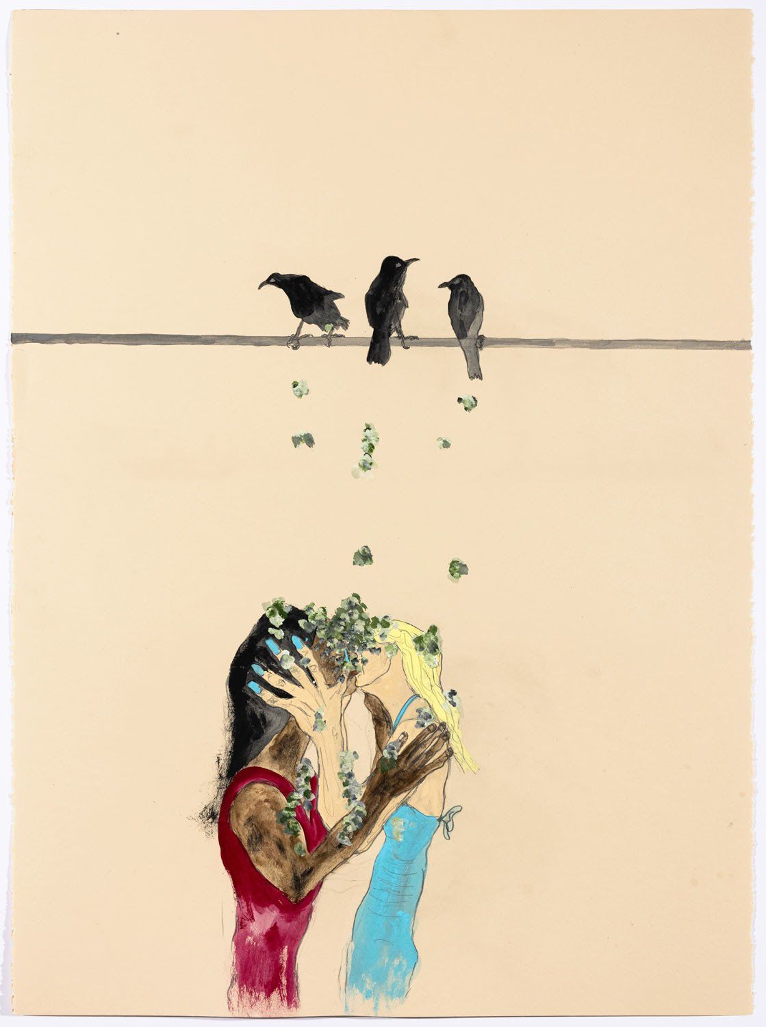 A painting of a woman washing her hair with birds sitting on a wire.