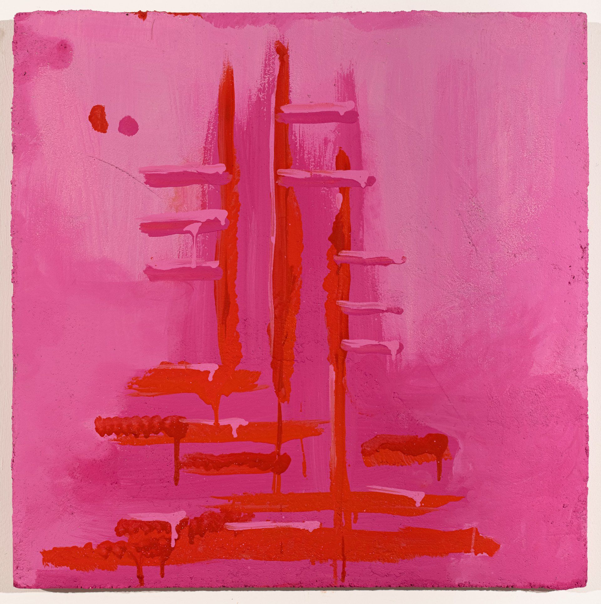 A pink and red painting with a white border