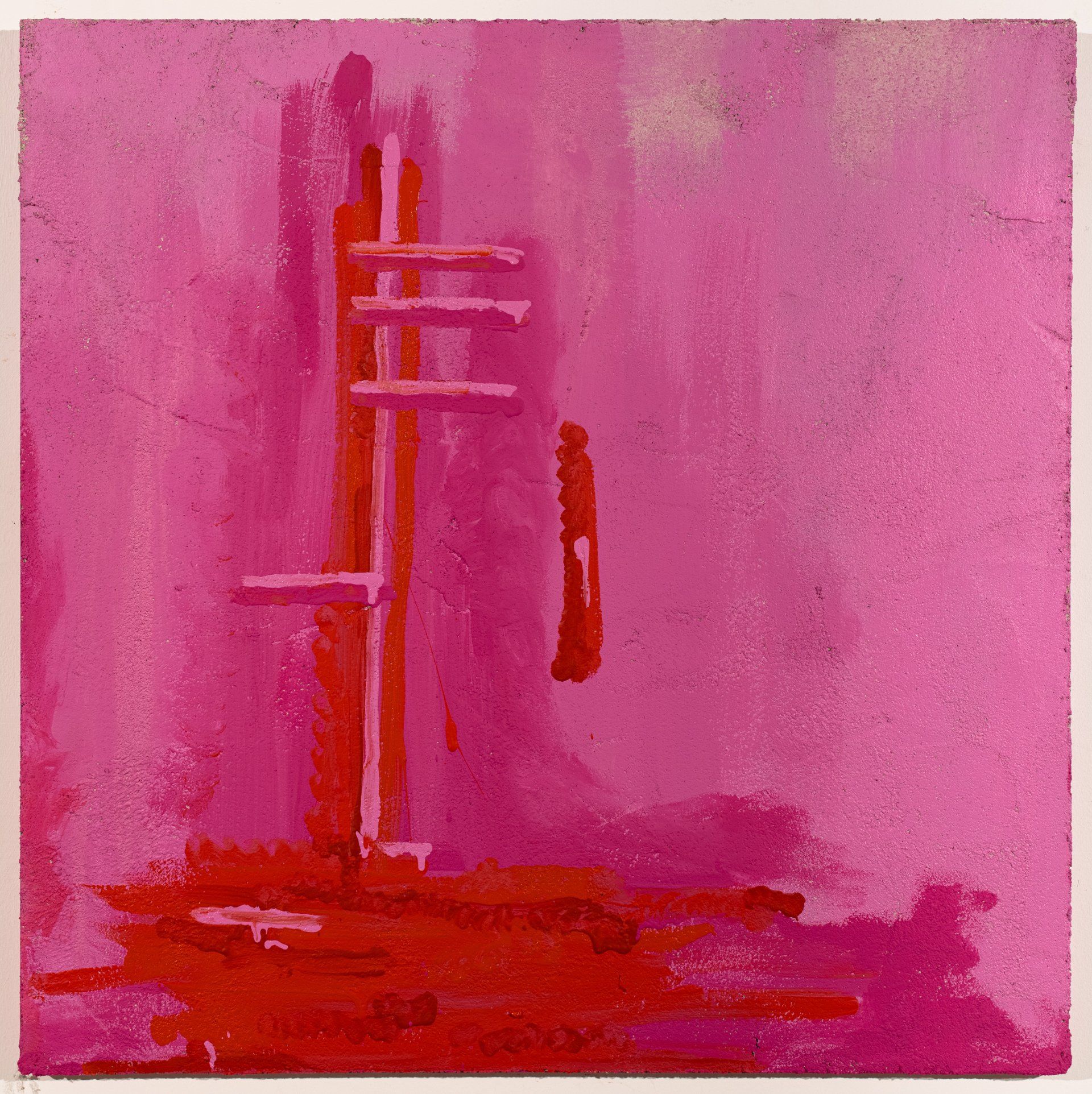 A pink and red painting with a red pole in the middle