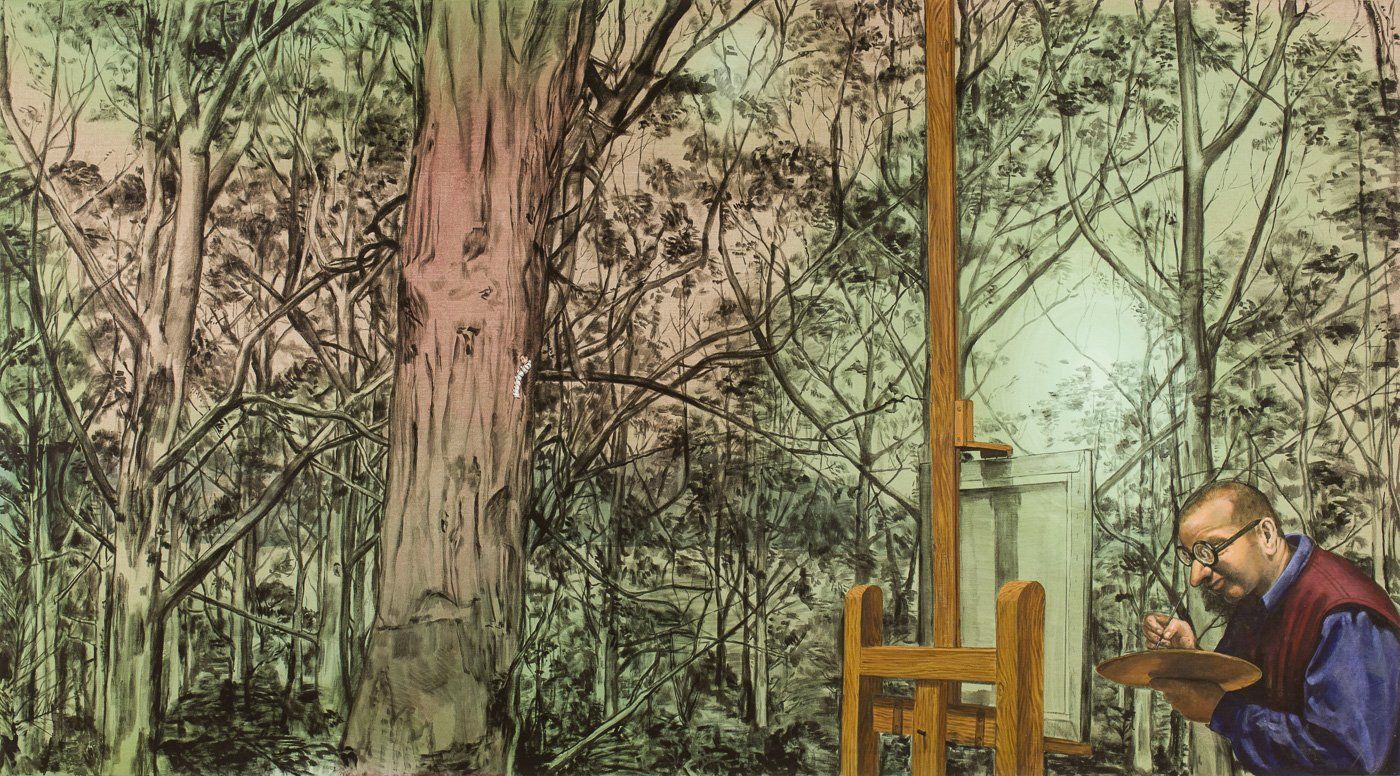 A man is painting a picture of a forest on an easel.