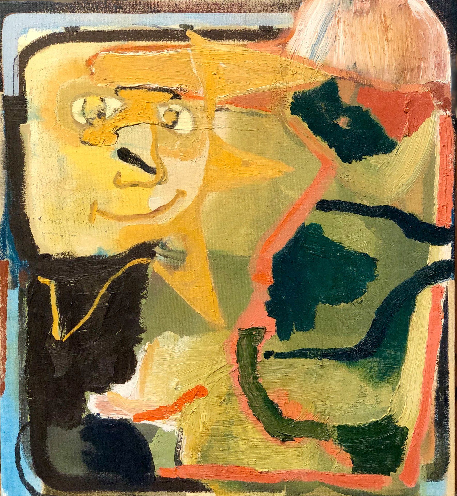 A painting of a cartoon character with a yellow face