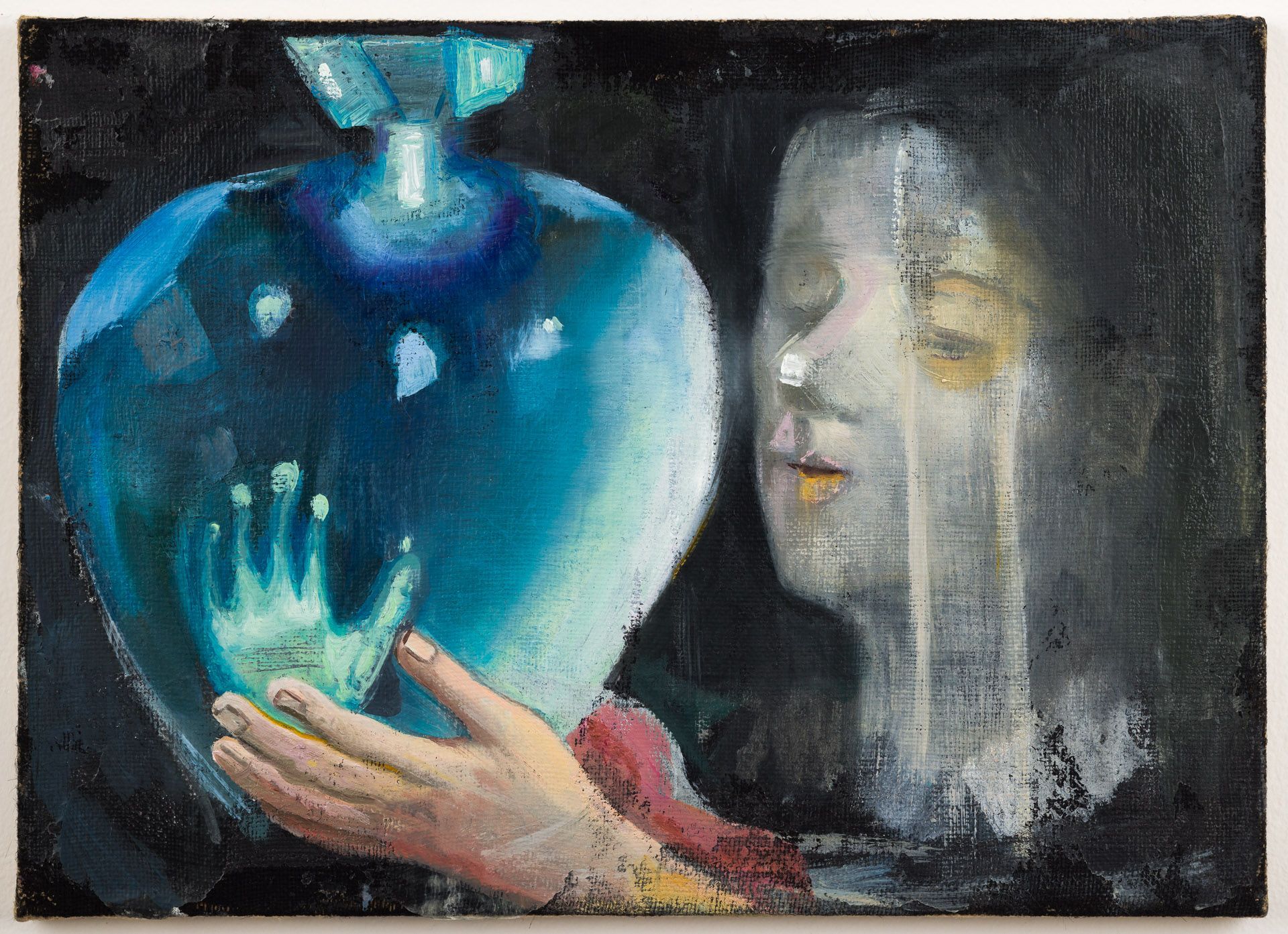 A painting of a woman holding a blue vase.