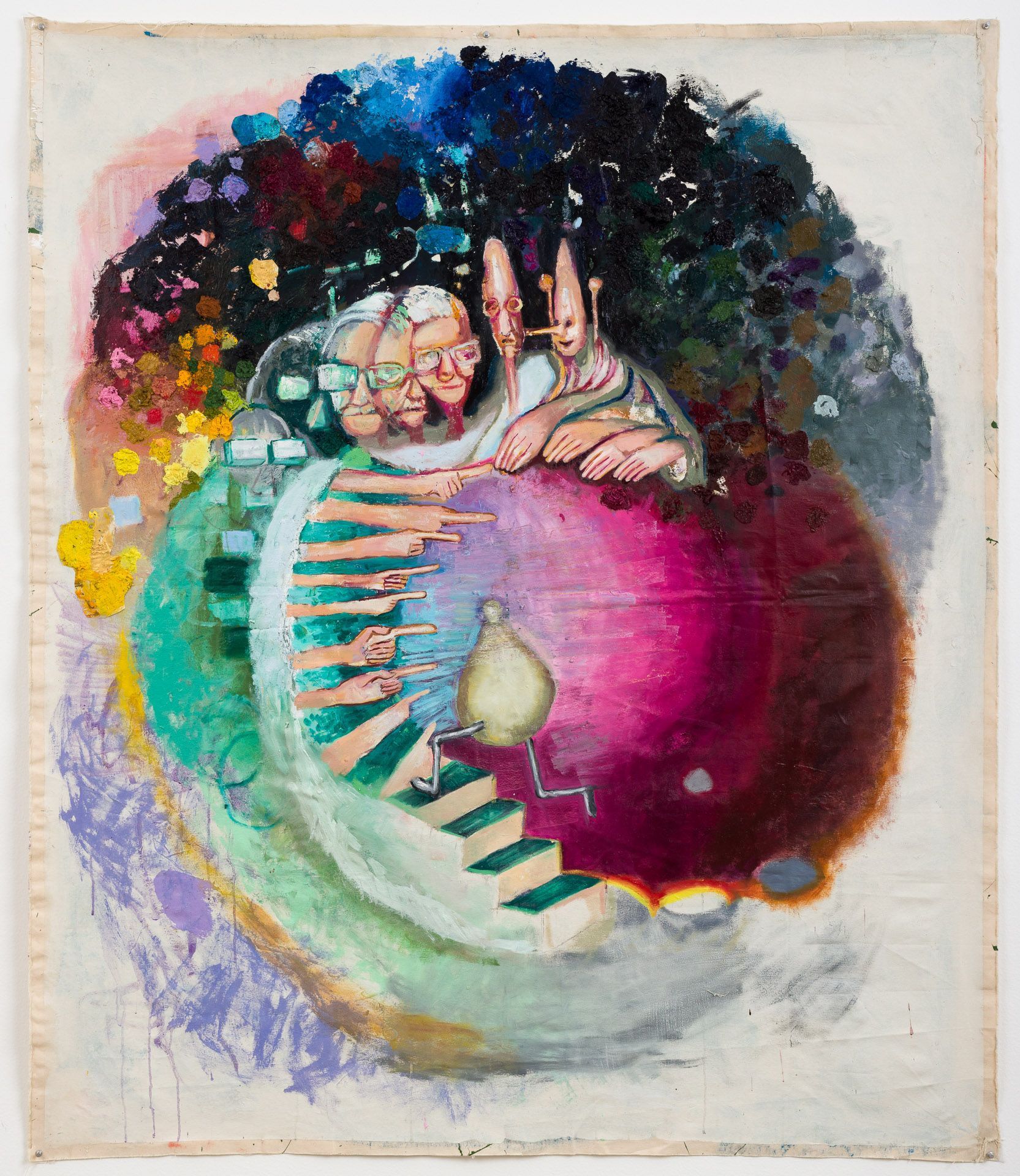 A painting of a group of people sitting on top of a giant orb.