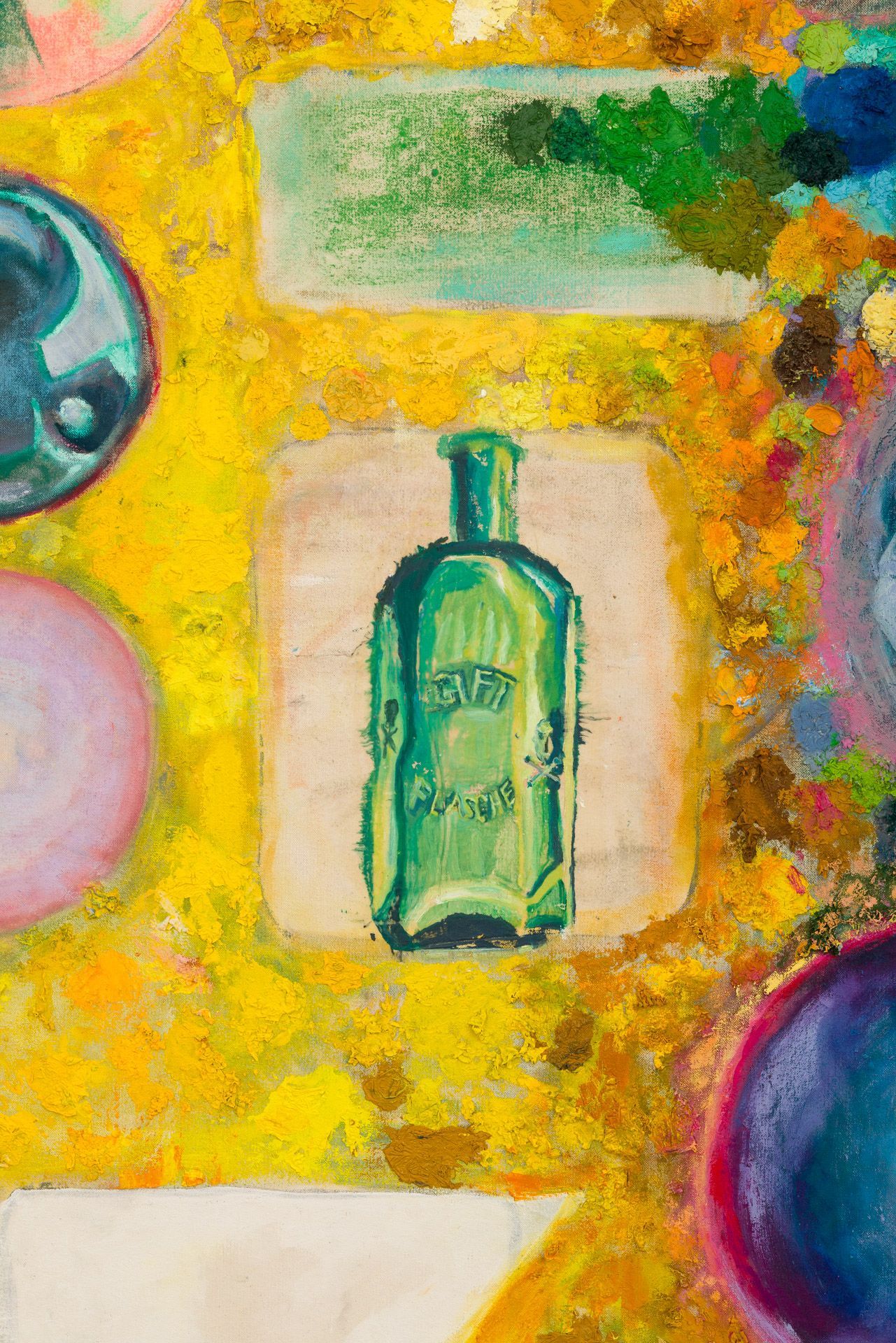 A painting of a green bottle on a yellow background.