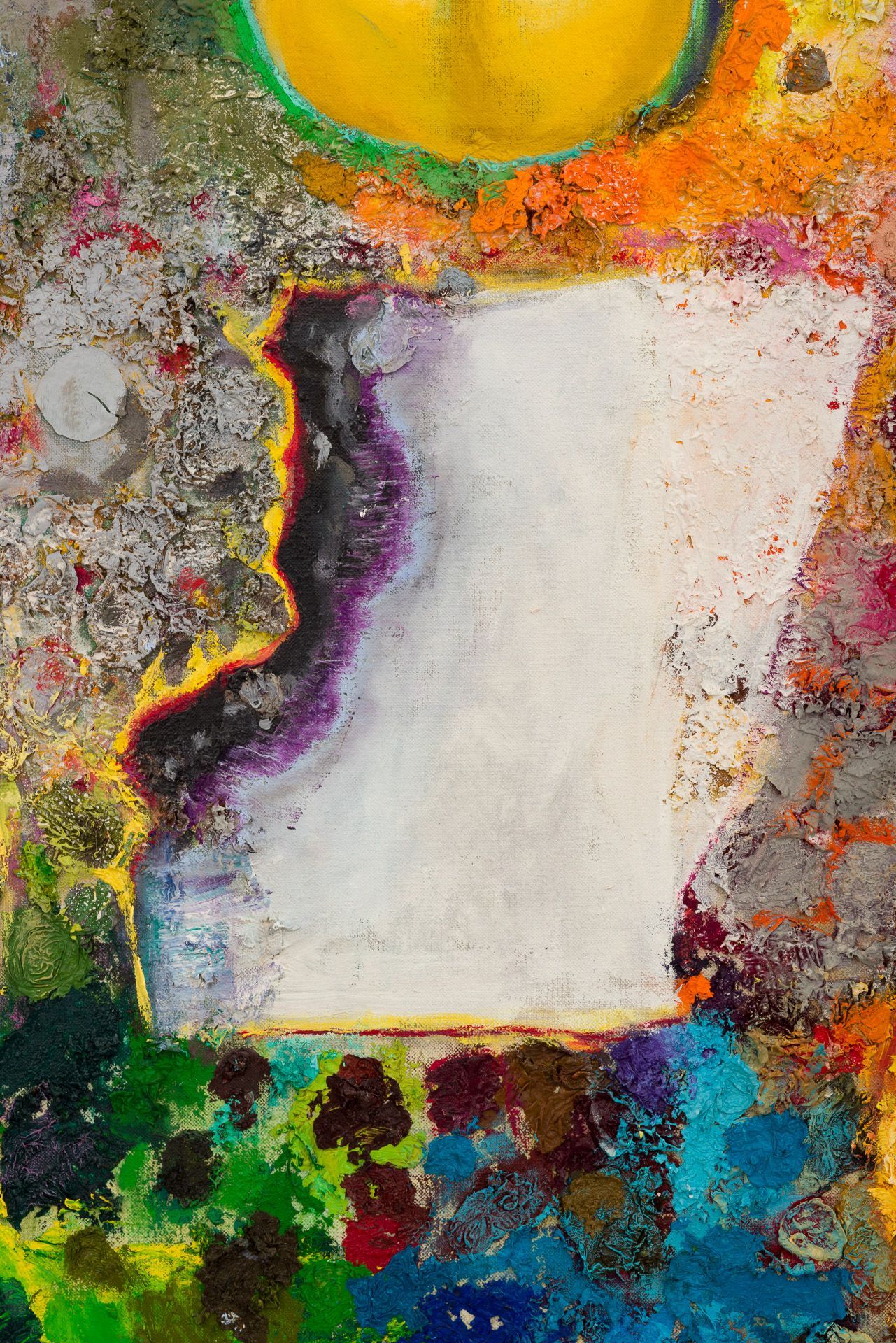 A close up of a colorful painting with a yellow object in the middle.