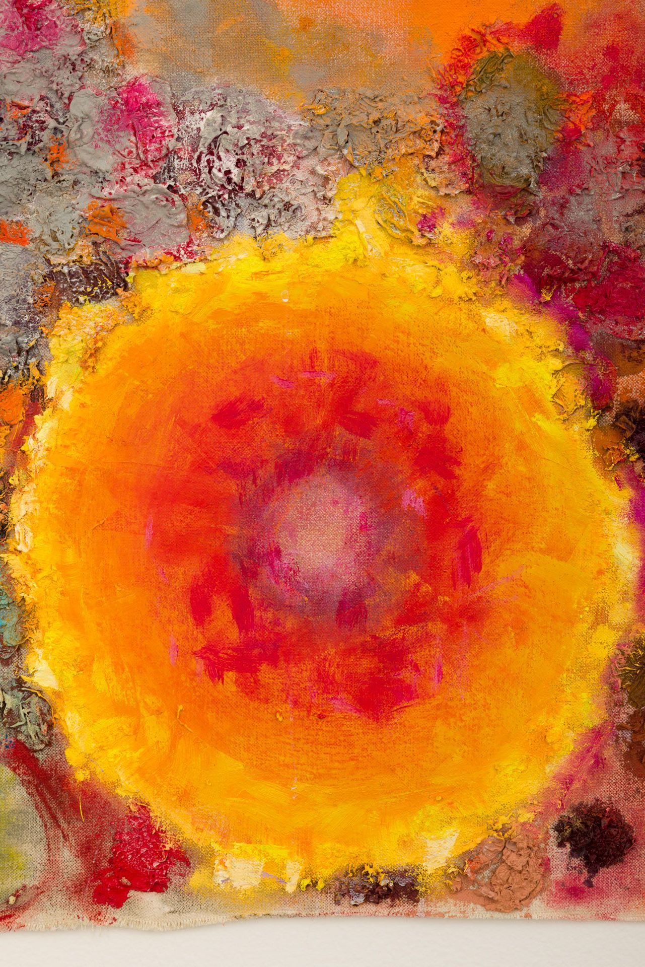 A close up of a painting of a yellow and red flower.