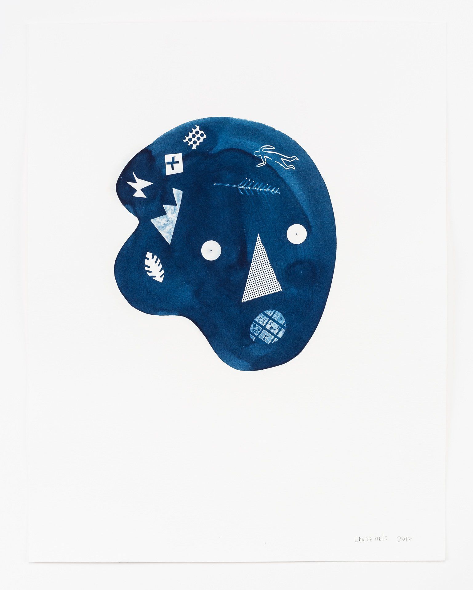 A painting of a blue object with triangles and stars on it