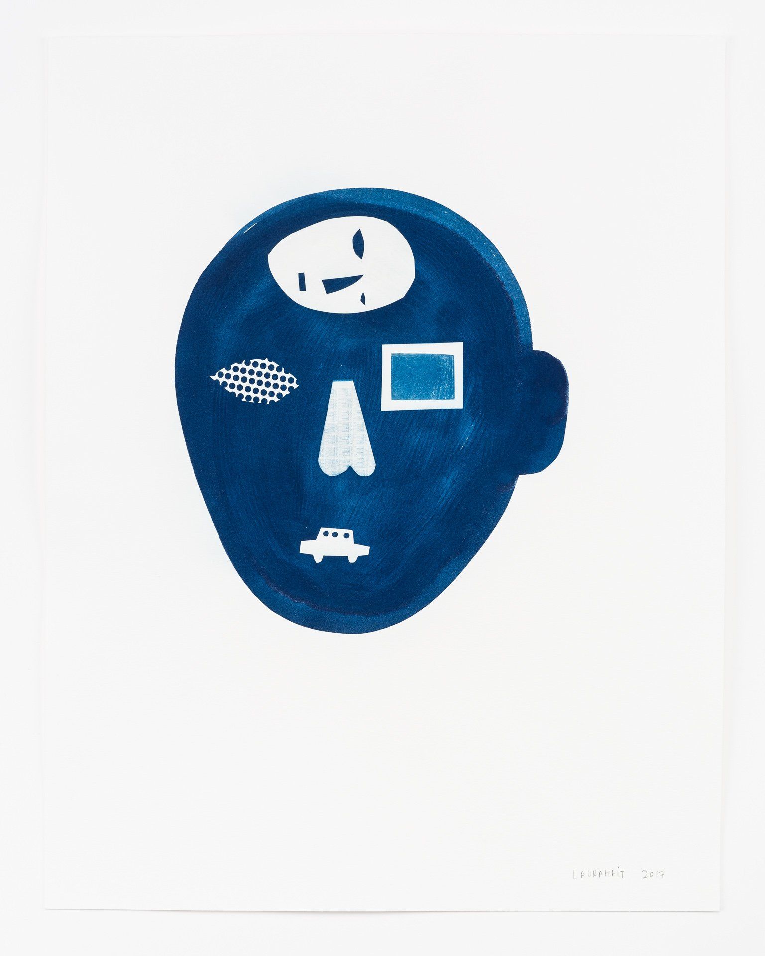 A blue and white drawing of a face with various objects on it