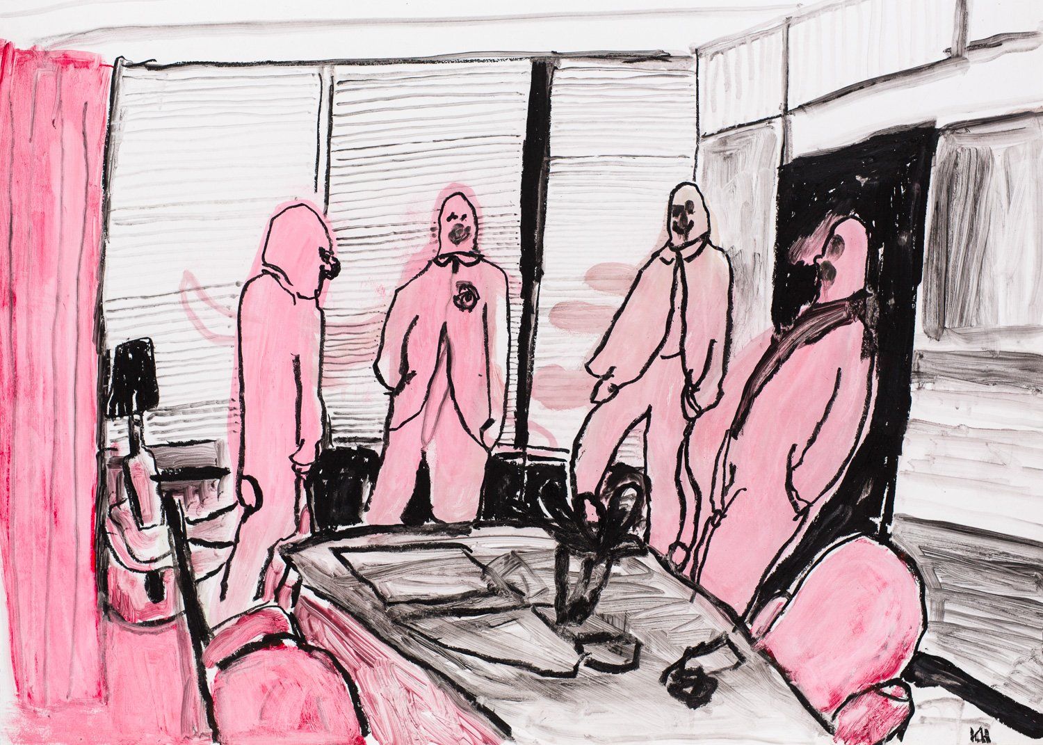 A drawing of people in pink suits standing around a table