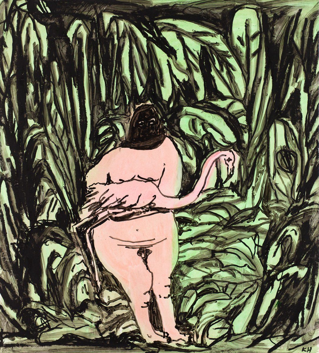 A drawing of a masked person holding an animal with a green and black background.