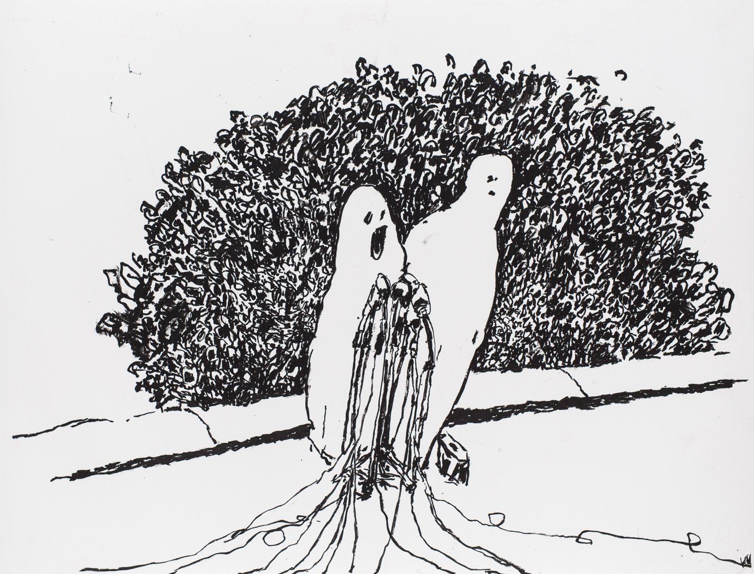 A black and white drawing of two birds standing next to each other