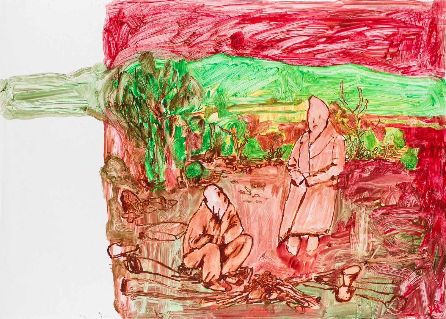 A painting of two people standing next to each other in a field.