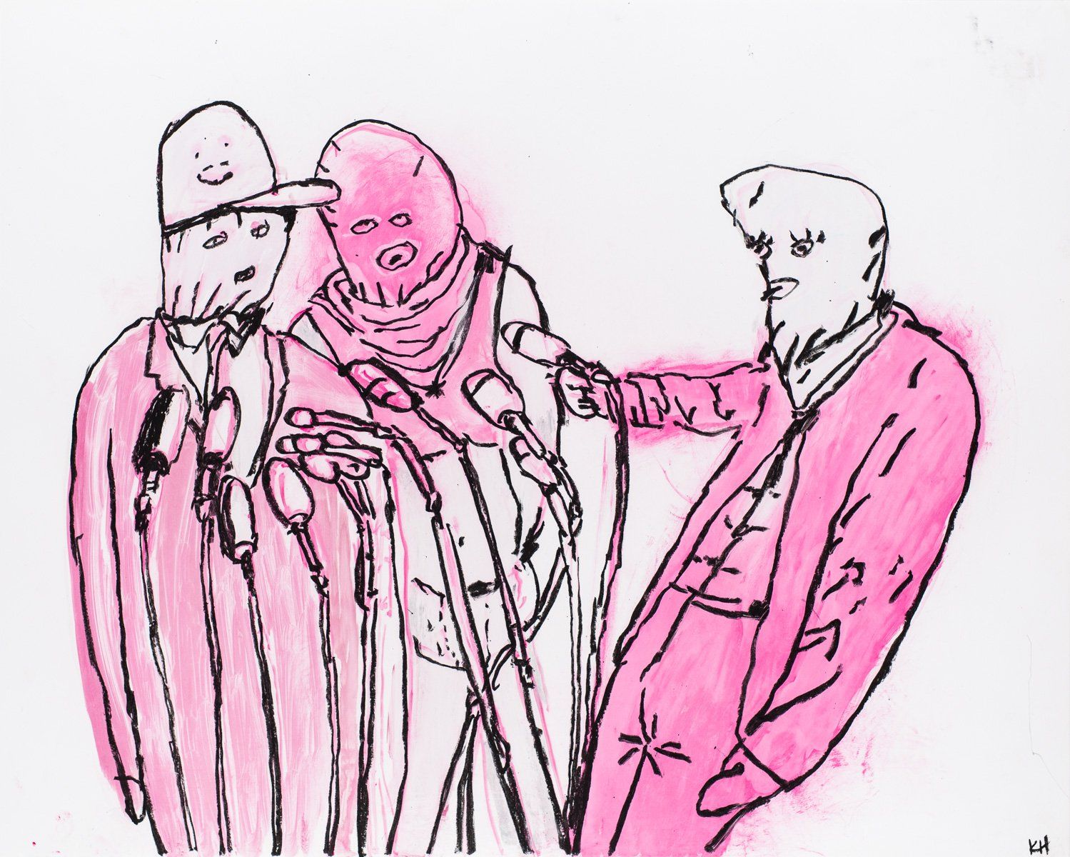 A drawing of three men in pink suits talking into microphones