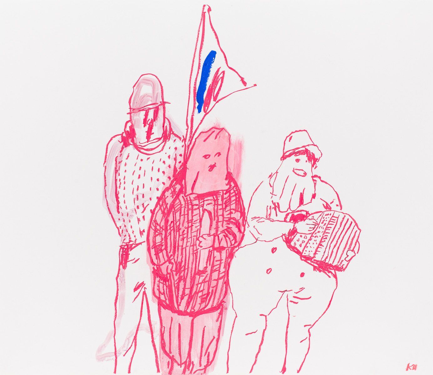 A drawing of three people standing next to each other with one holding a flag