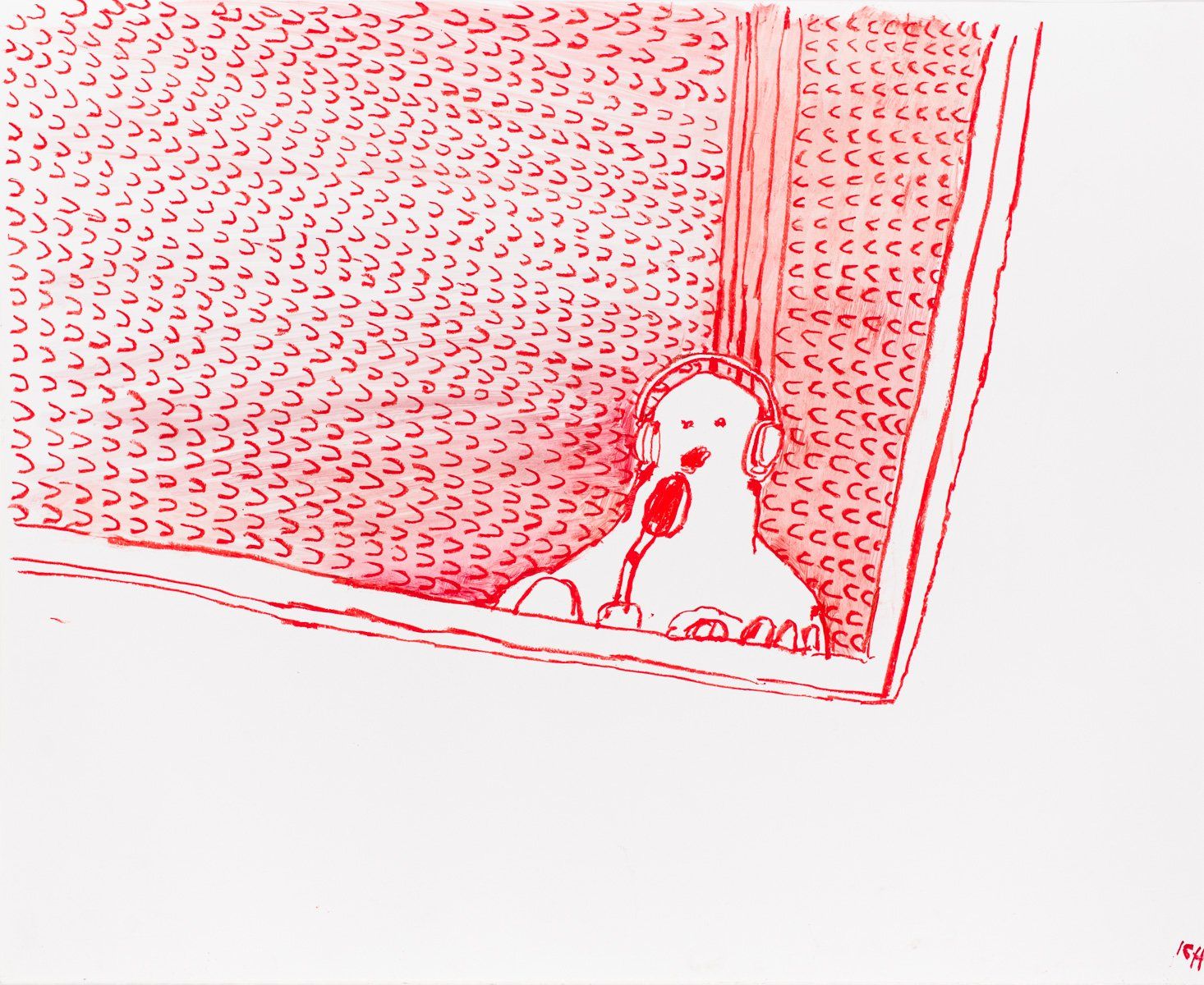 A drawing of a dog looking out of a window