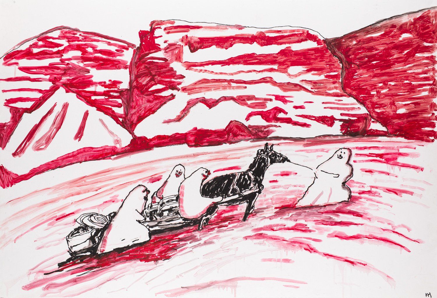 A drawing of a horse pulling a sleigh with a mountain in the background.